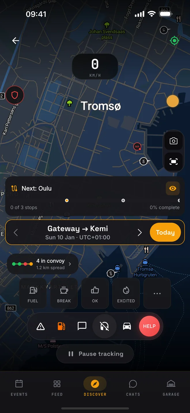 The live convoy map in Rallyist, with four cars and the next stop